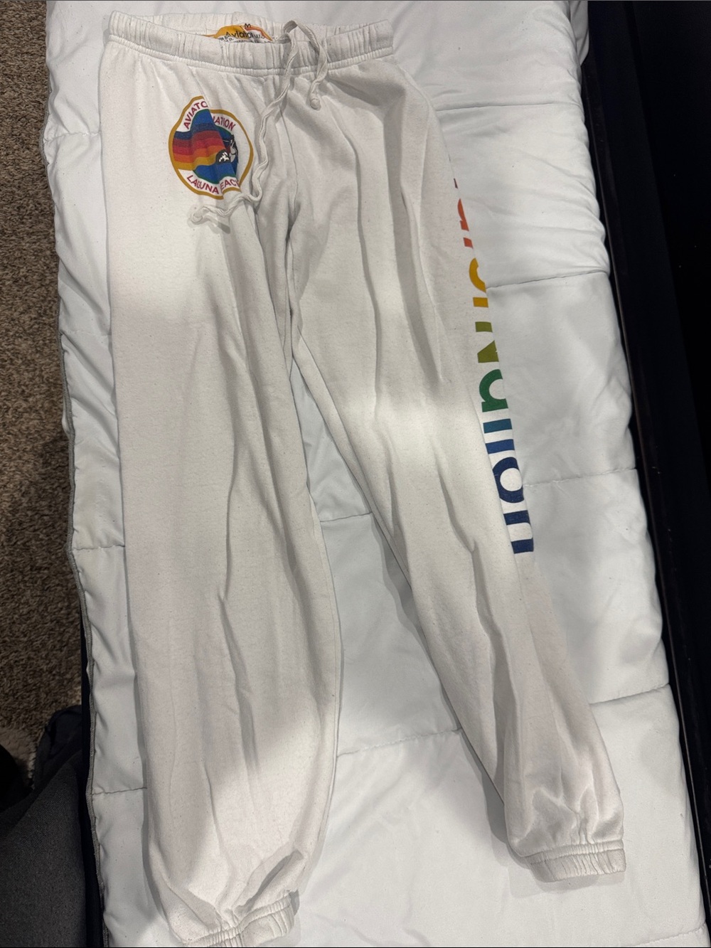 Aviator Nation White Sweatpants with Rainbow Logo & Side Stripe